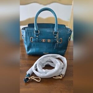 Mini Coach Swagger Teal Designer Handbag with Gold Accents
